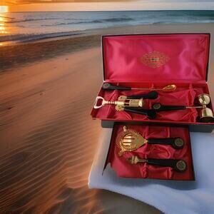 Vintage MCM Thailand 24 carat gold bar set mixed drinks 5 tools Box